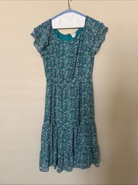 J. Crew Factory Teal Floral Midi Dress with Flutter Sleeves